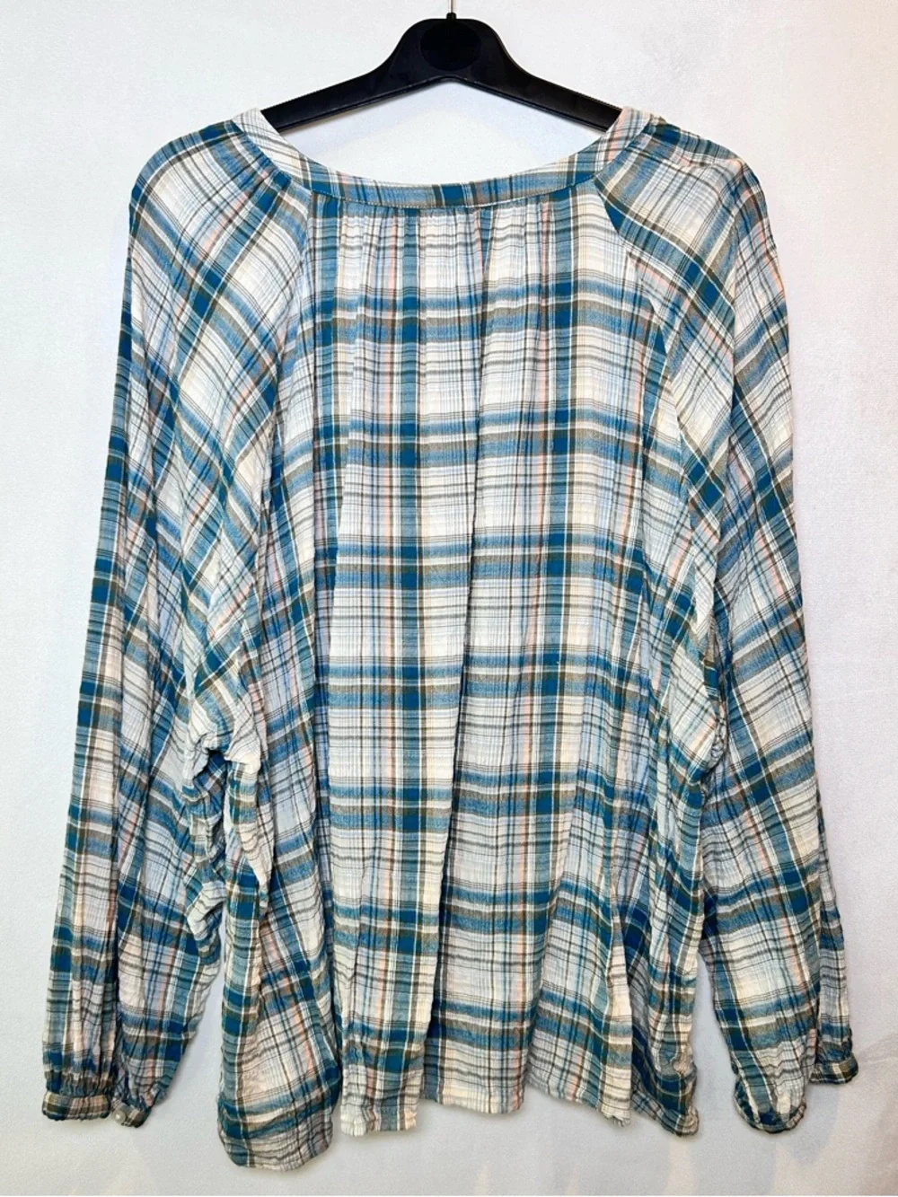 Old Navy Blue Plaid Peasant Boho Button Down Blouse Top Long Sleeve XXL - Picture 2 of 10